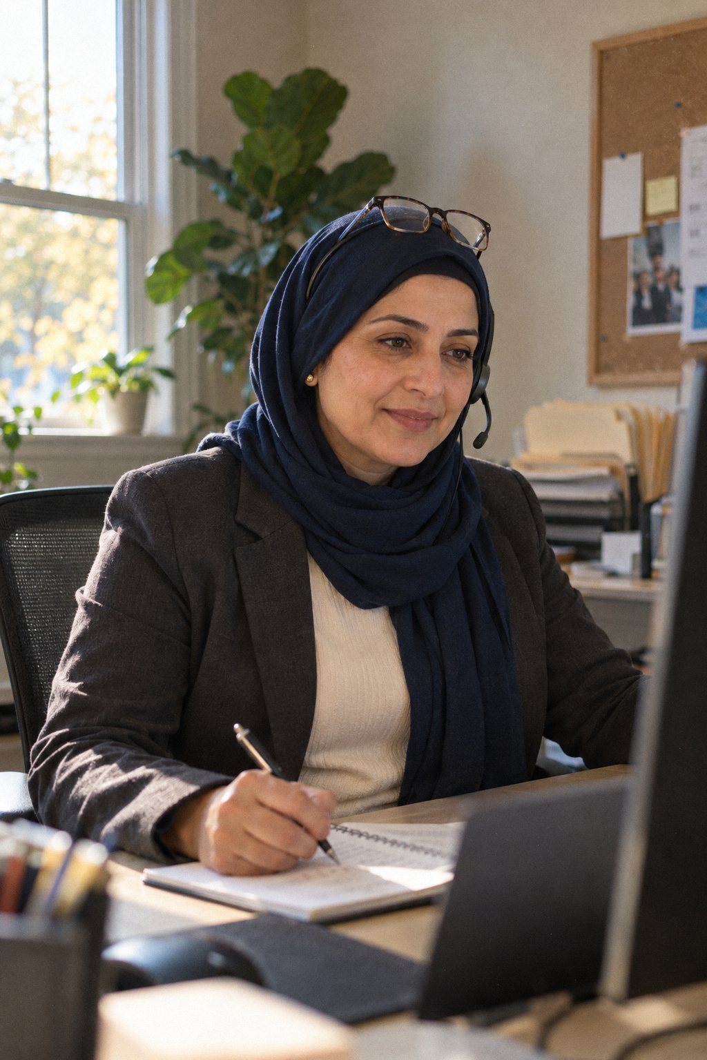 An account executive in a navy hijab on a call at her desk.