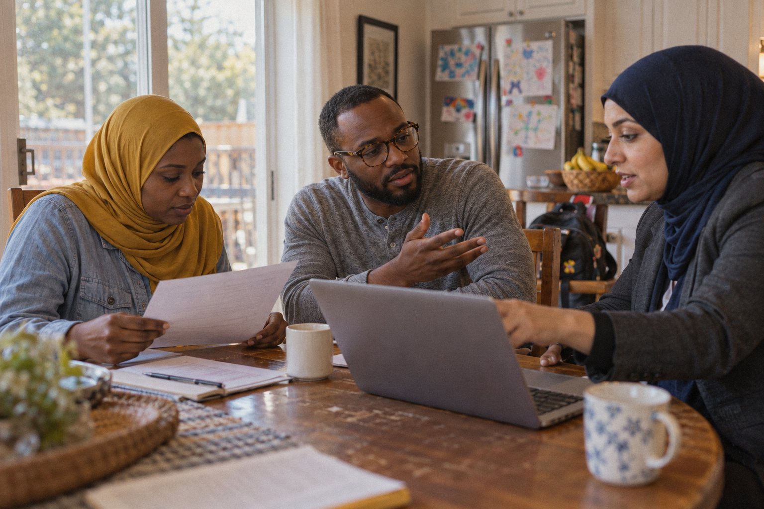 An advisor in a navy hijab reviewing a laptop with a couple at their dining table.