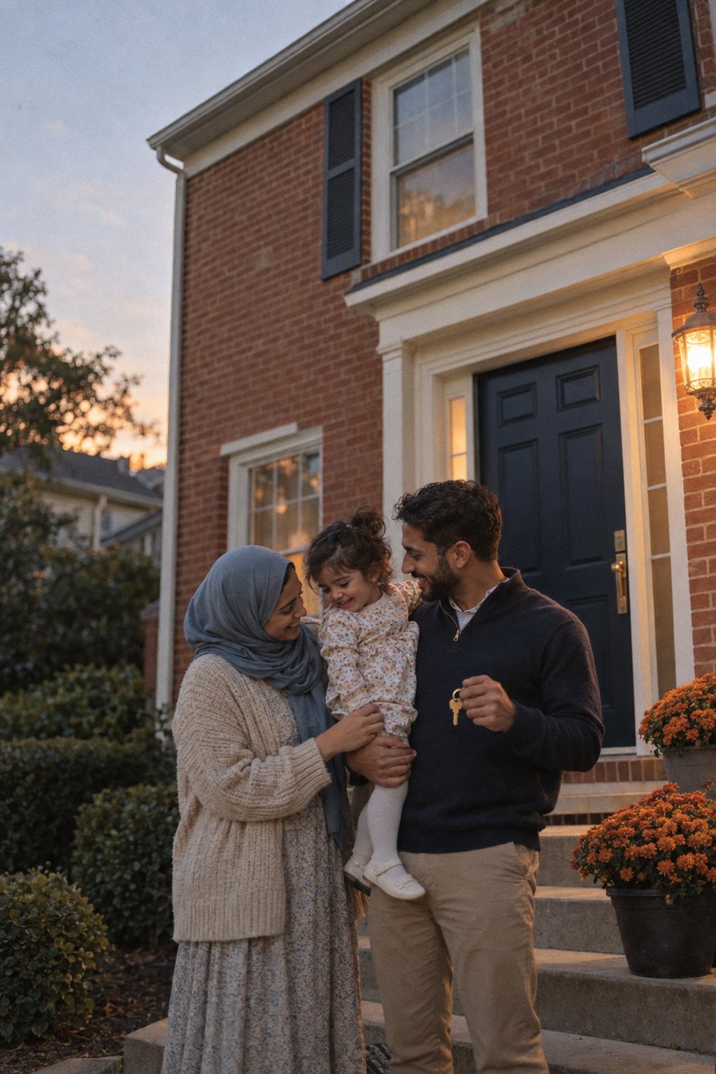 A young family laughing on the front steps of their brick home at dusk, the father holding a house key.