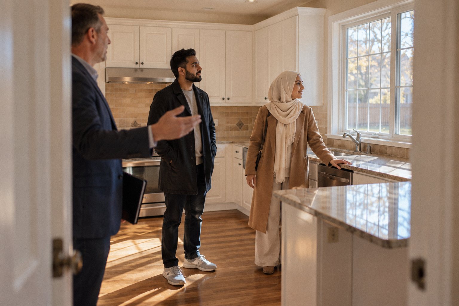 A couple touring a sunlit kitchen with a real estate agent.