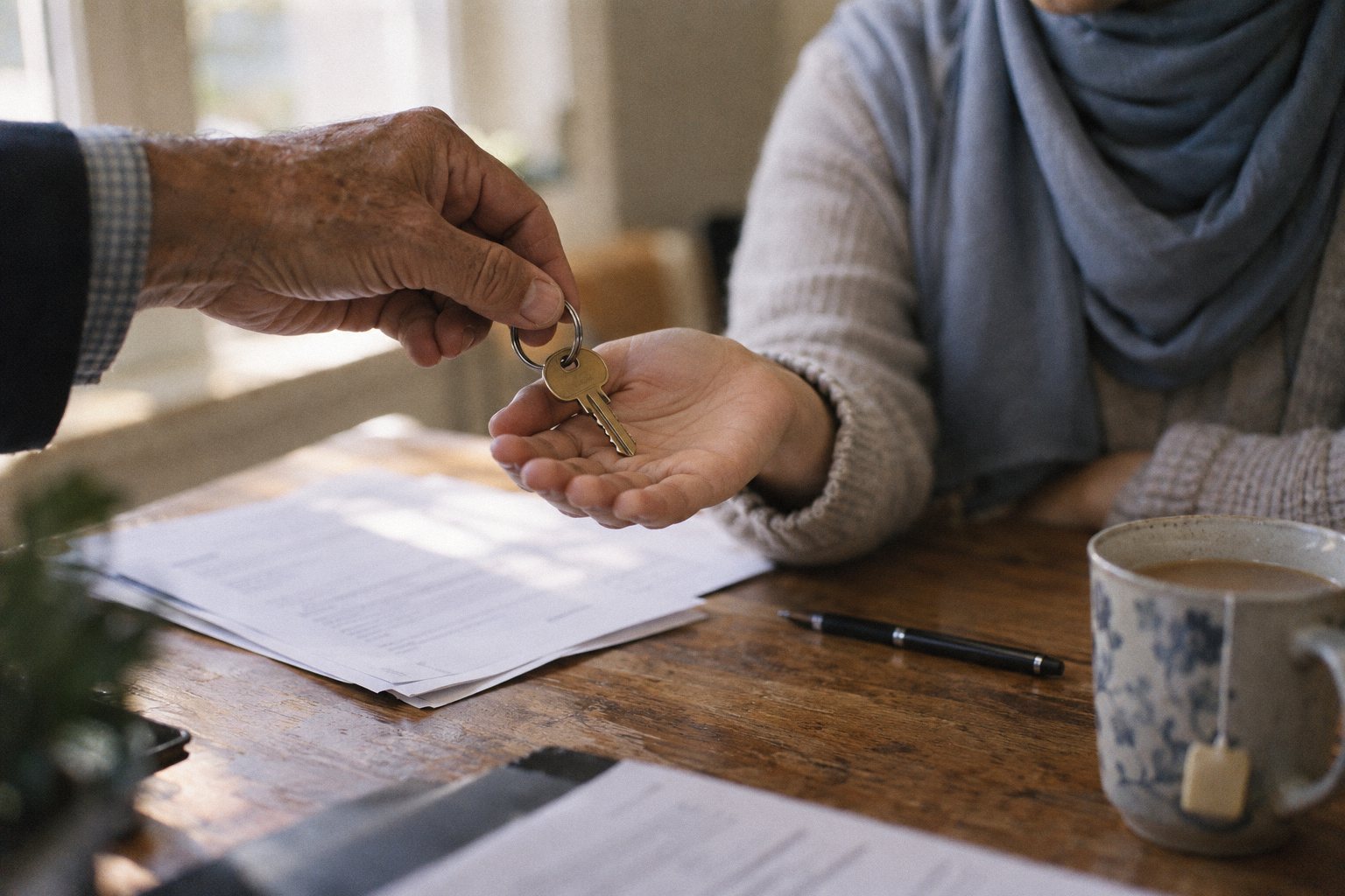 An older man's hand passing a brass house key into a young woman's palm over signed papers.