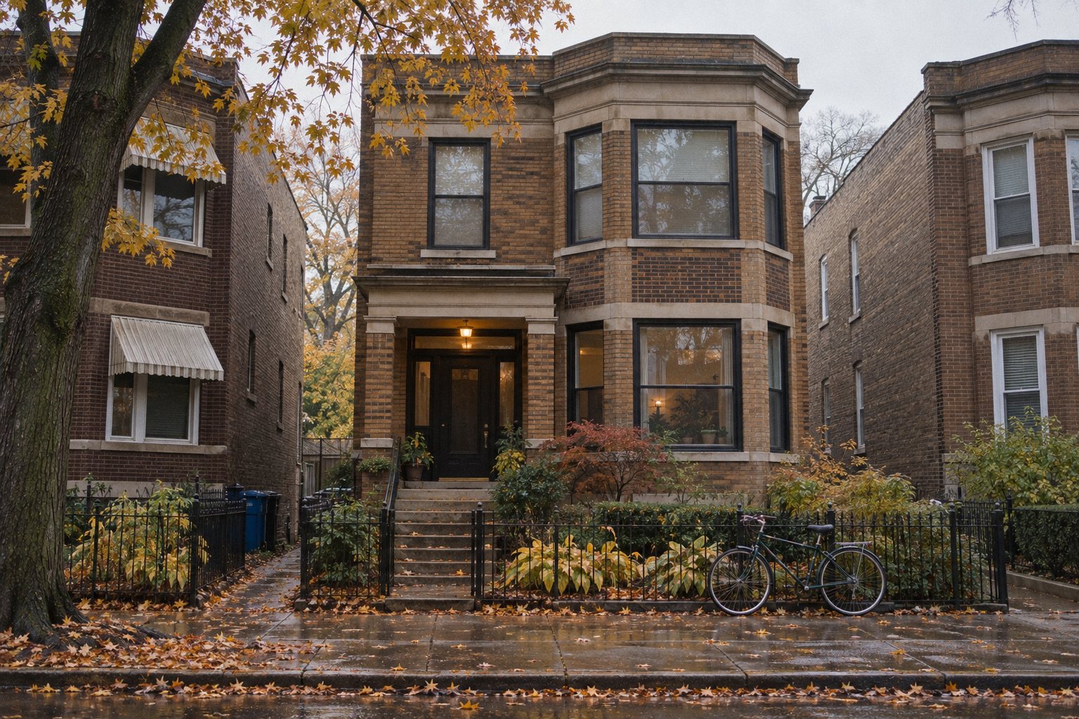 A brick two-flat building on a tree-lined street on an overcast autumn morning.